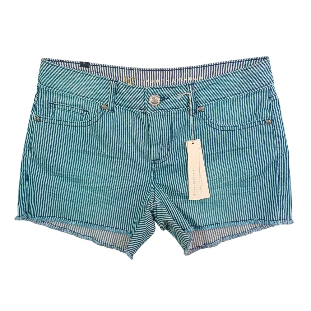 Lauren Conrad LC Denim Shorts Women Size 4 Green Stripe Cutoff Midi Raw Hem Jean